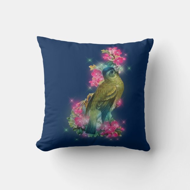 Coussin Aquarelle moderne élégant Oiseau Floral Bleu (Recto)
