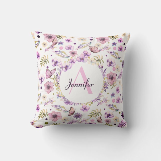 Coussin Aquarelle moderne Floral Monogrammé Fille Blanc (Recto)