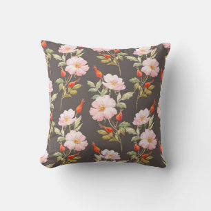 Coussin Aquarelle motif floral rose de chien et berr rouge