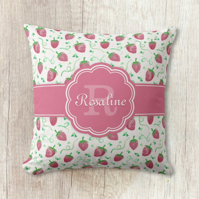 Coussin Aquarelle Motif fraise avec Monogramme (Créateur téléchargé)