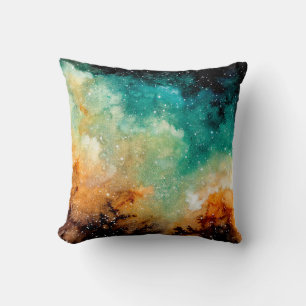 Coussin Aquarelle Nebula jaune vif, étoiles et noir