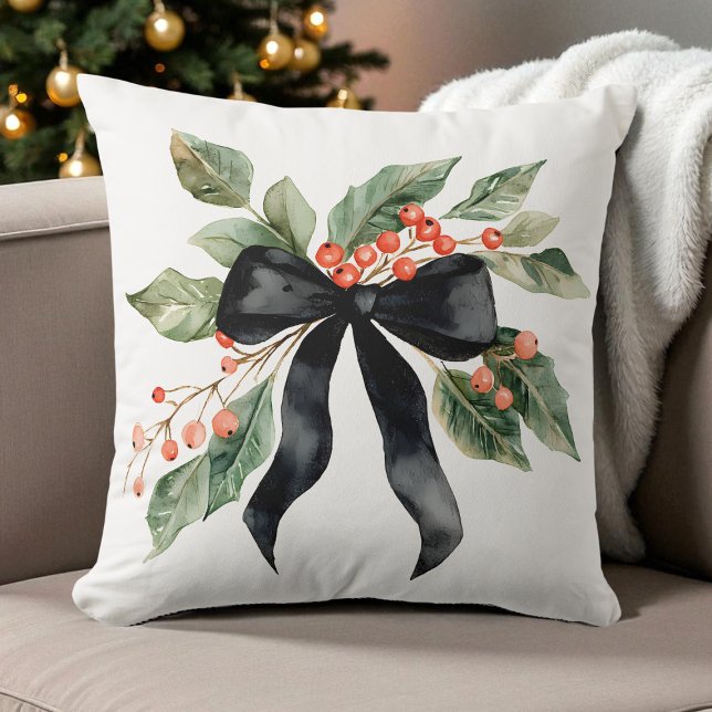 Coussin Aquarelle Noir Noël Bow Geen Feuilles Moderne (Watercolor Black Christmas Bow Geen Leaves Modern Throw Pillow)