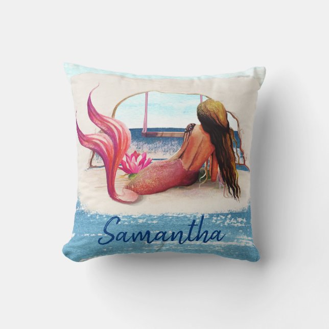Coussin Aquarelle Nom Plage Mermaid Africain Américain (Recto)