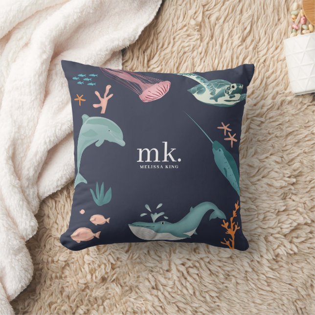 Coussin Aquarelle Océan Animaux marins Monogramme Bleu (Couverture)