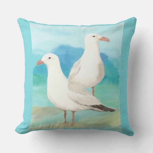 Coussin Aquarelle Océan Mouettes Bleues Oiseau Nature Art (Recto)