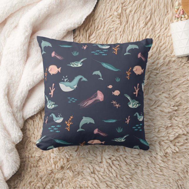 Coussin Aquarelle Océan Sea Animaux Motif bleu (Couverture)