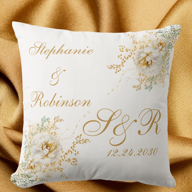 Coussin Aquarelle or blanc Floral Mariage Monogramme (Créateur téléchargé)