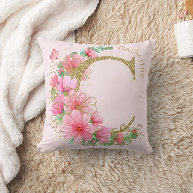 Coussin Aquarelle or et monogramme floral C (Couverture)