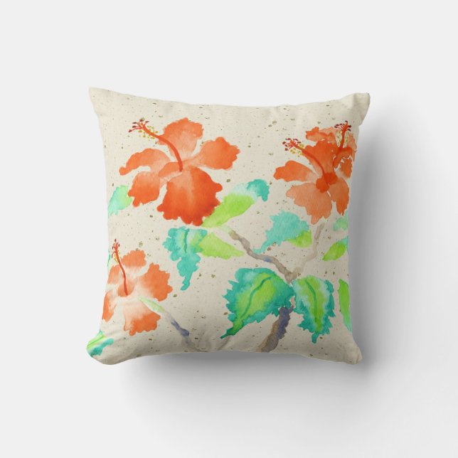 Coussin Aquarelle orange de ketmie peignant Washi beige (Recto)