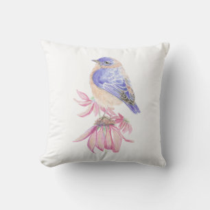 Coussin Aquarelle originale Bluebird sur Echinacea Flower