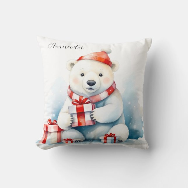 Coussin Aquarelle Ourson Mignon Ours Polaire Blanc Noël (Recto)