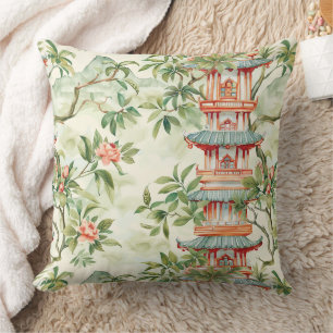 Coussin Aquarelle Pagode asiatique dans paysage verdoyant 