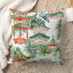Coussin Aquarelle Pagode asiatique dans paysage verdoyant