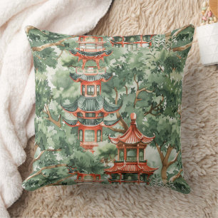 Coussin Aquarelle Pagode asiatique dans paysage verdoyant 
