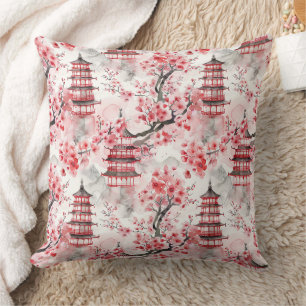 Coussin Aquarelle Pagode chinoise aux fleurs de cerisiers