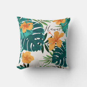 Coussin Aquarelle Palme tropicale, Hibiskus hawaïen