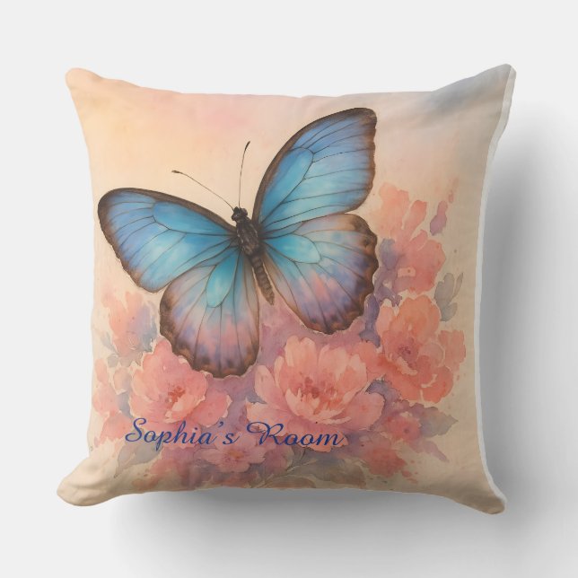 Coussin Aquarelle Papillon Jardin rose Floral Art Design (Recto)