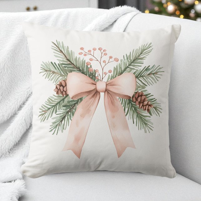 Coussin Aquarelle Pastel rose beige Noël Bow Pine (Watercolor Pastel Pink Beige Christmas Bow Pine Throw Pillow)