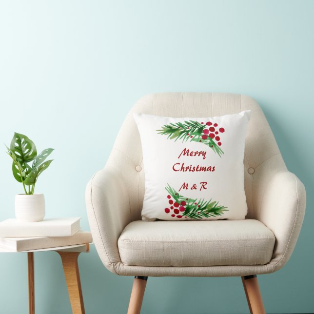 Coussin Aquarelle Peinte à la main, Guirlande de pin, Baie (Chaise)