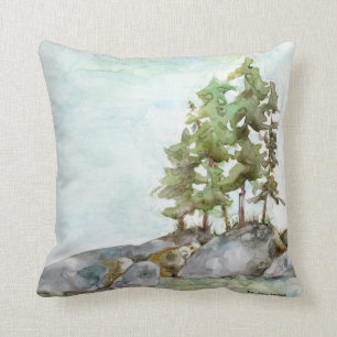 Coussin Aquarelle peinture de roches et pins BWCAW