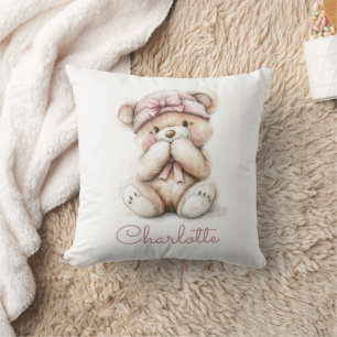 Coussin Aquarelle personnalisée Teddy Bear Girl Rose Bow
