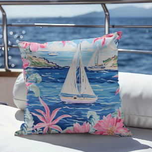 Coussin Aquarelle Pink Tropical Voilier Côté extérieur