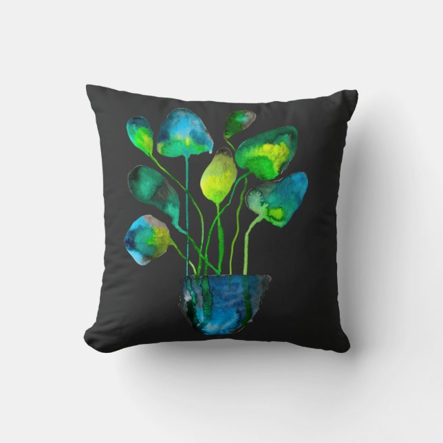 Coussin Aquarelle plante art vert et bleu abstrait (Recto)