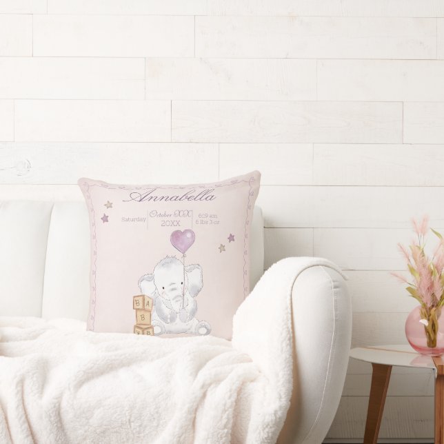 Coussin Aquarelle rose bébé fille éléphant et ballons (Canapé)