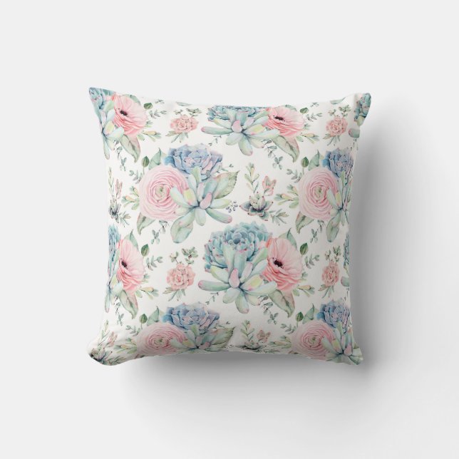 Coussin Aquarelle rose Bleu Vert Succulents Verdure | (Recto)