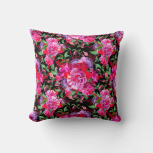 Coussin Aquarelle rose et noire Fuchsia Blooms
