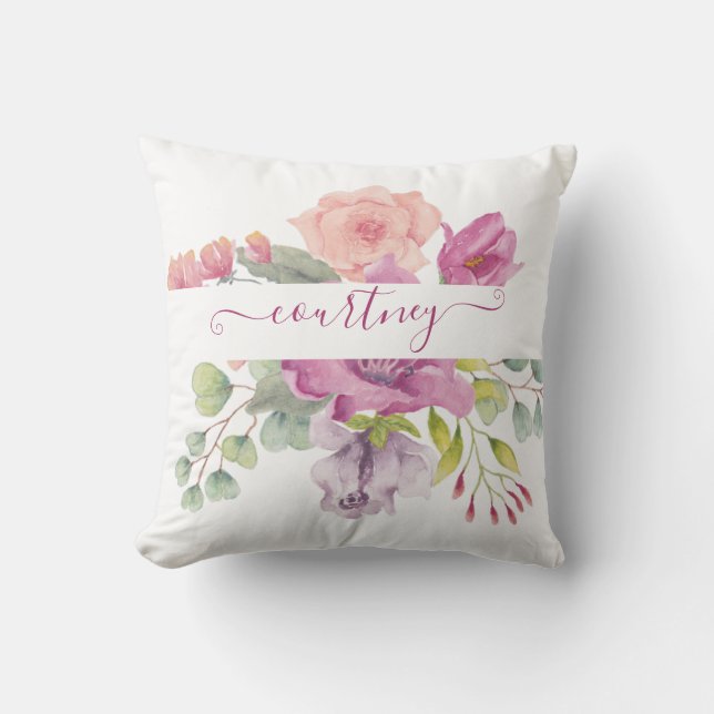 Coussin Aquarelle rose et pêche florale personnalisée (Recto)