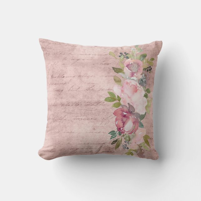 Coussin Aquarelle rose floral Accent sur Rose Dusty (Recto)