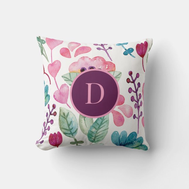 Coussin Aquarelle rose Floral Art mignon Monogramme (Recto)