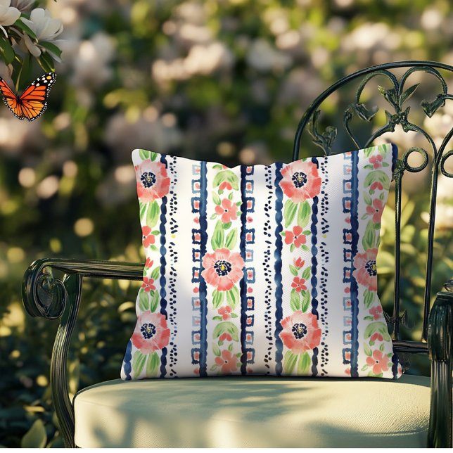 Coussin Aquarelle rose Floral Bleu Grandes Feuilles verts (Créateur téléchargé)