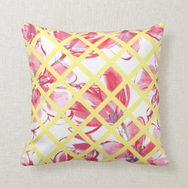 Coussin aquarelle rose florale, treillis jaune doux,