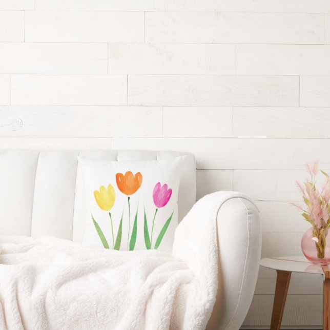 Coussin Aquarelle rose jaune orange Tulip tiges (Canapé)