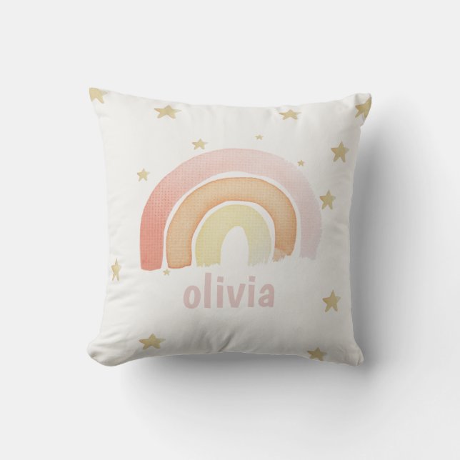 Coussin Aquarelle rose mignonne Arc-en-ciel et étoiles Nom (Recto)