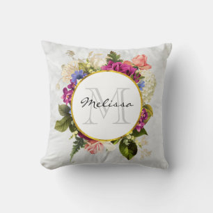 Coussin Aquarelle rose moderne Bouquet floral Monogramme