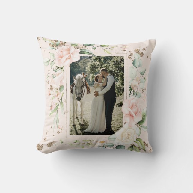 Coussin Aquarelle rose pâle Photo Mariage floral (Recto)