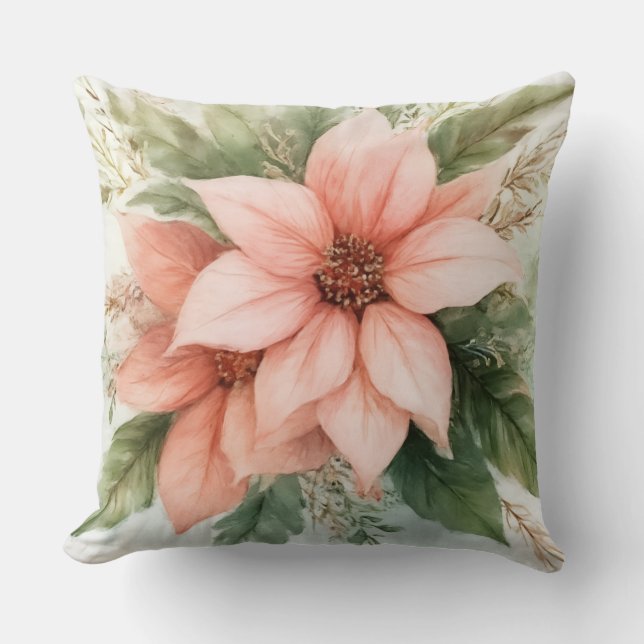 Coussin Aquarelle rose Poinsettie Noël (Recto)