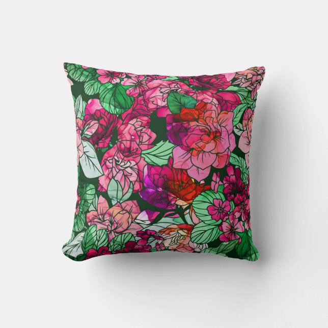 Coussin Aquarelle Rose rose Bourgogne Rouge Fleurs du Jard (Recto)