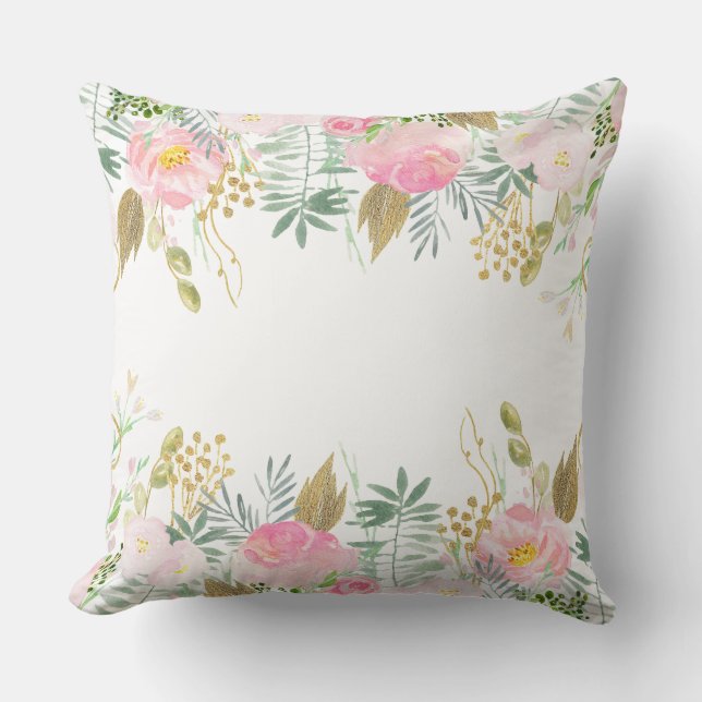 Coussin Aquarelle rose vif Fleurs d'or Jeter l'oreiller (Recto)