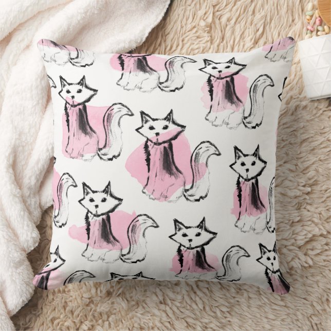 Coussin Aquarelle rose vif noir brosse coups de chat lance (Couverture)