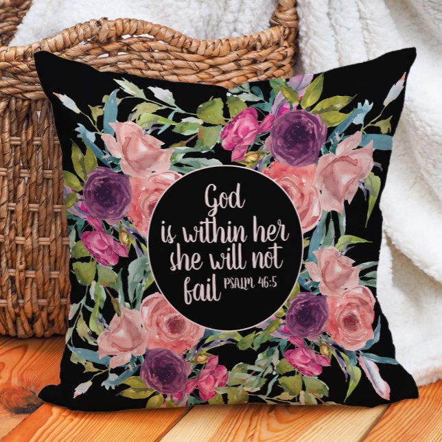 Coussin Aquarelle rose violet Floral Bible chrétienne (Pink and purple floral "God is within her, she will not fail" decorator pillow)
