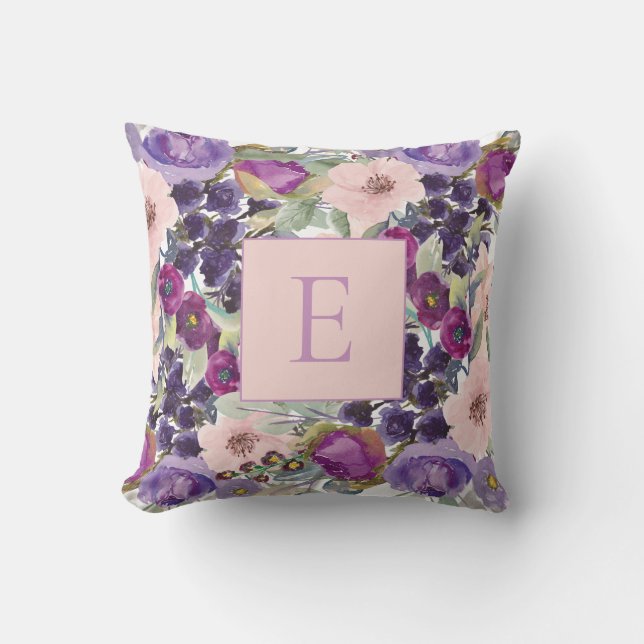 Coussin Aquarelle rose violet Sage floral Monogramme vert (Recto)