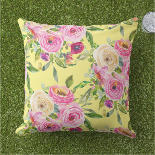 Coussin Aquarelle Roses en rose et rouge sur jaune