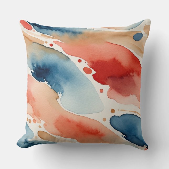 Coussin Aquarelle rouge, blanche et bleue abstraite (Recto)