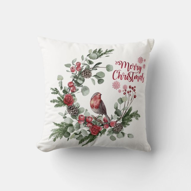 Coussin Aquarelle Rouge Cardinal Bird Wreath (Recto)