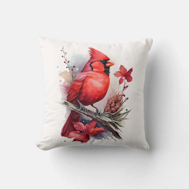 Coussin Aquarelle rouge Cardinal d'hiver (Recto)