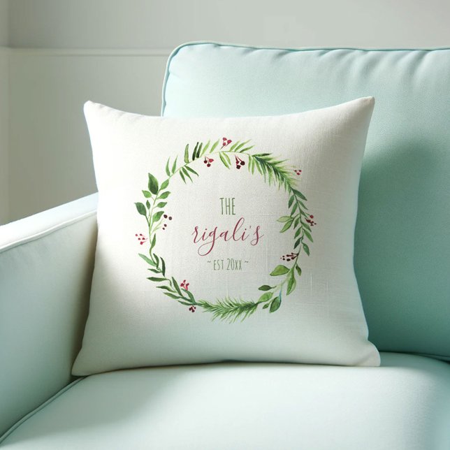 Coussin Aquarelle Rouge et Vert Noël Personnalisé Th (Christmas pillow personalized with your name surrounded by watercolor greenery)